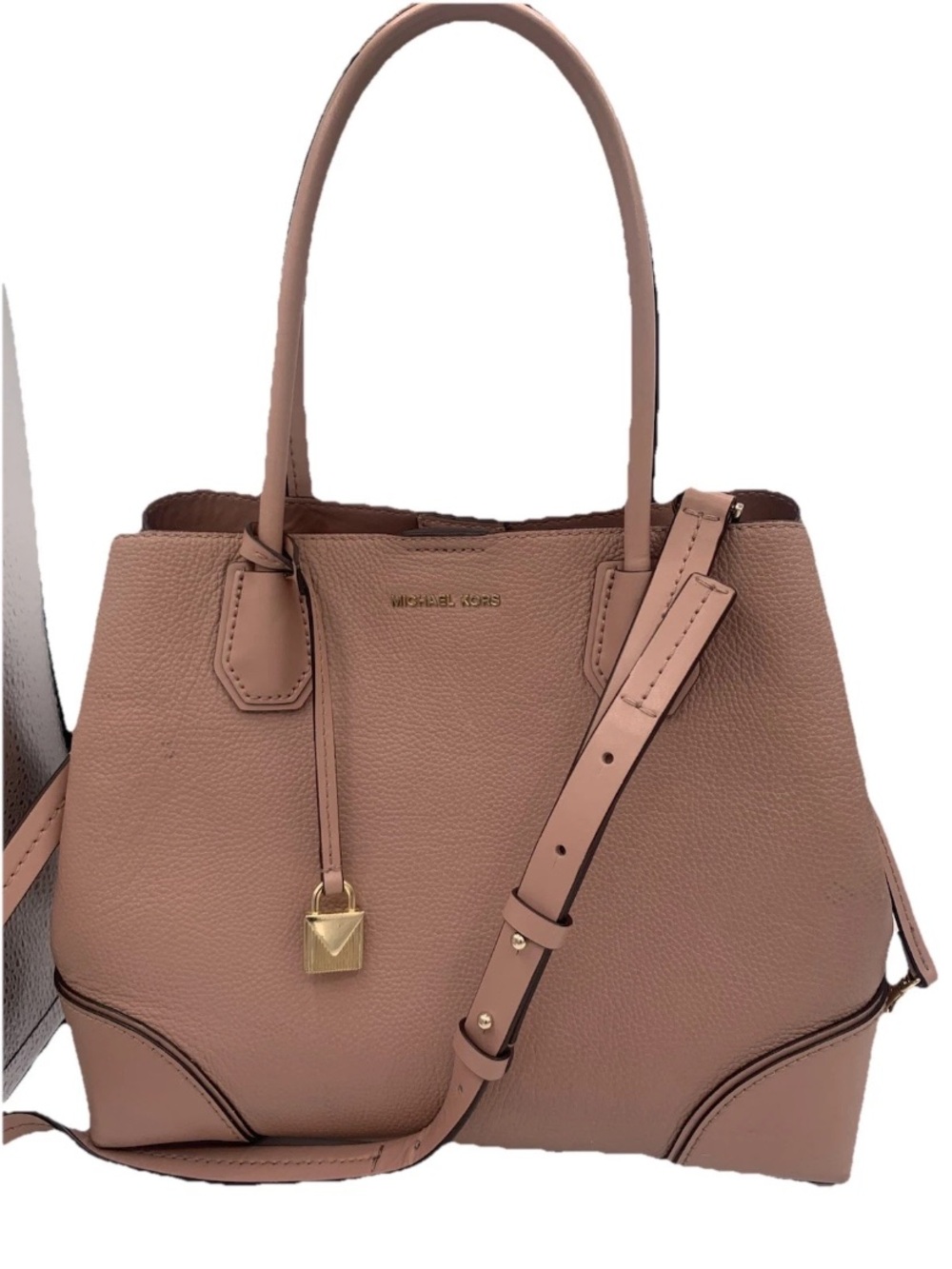 Michael Kors Deep Pink Mercer Medium Pebble Leather Gold Lock Detail Handbag - Picture 11 of 14